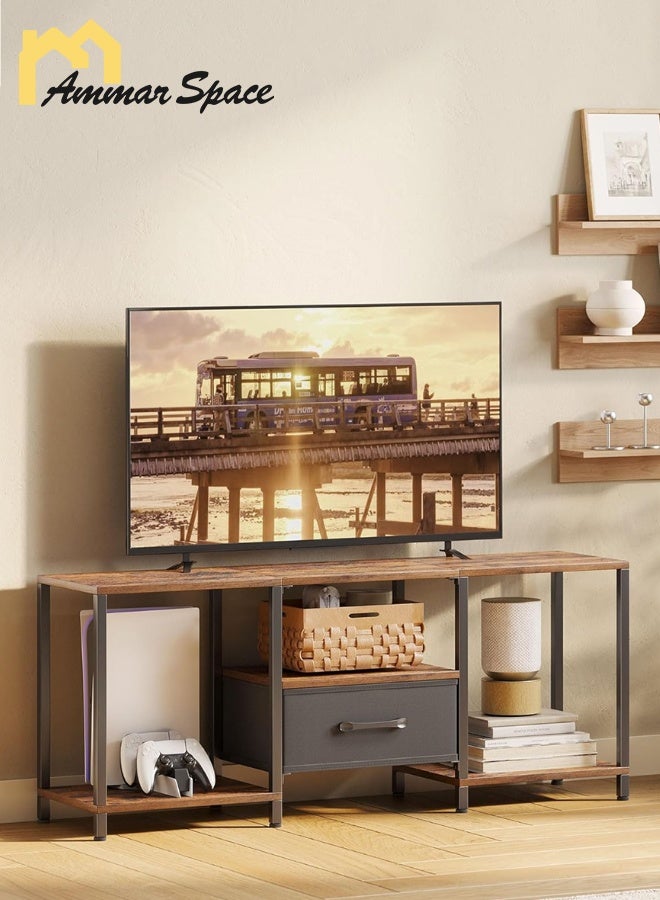 Ammar Space Rustic TV Stand with Storage Entertainment Center with Open Shelves and Fabric Drawer Media Console for 55 Inch TV Television Stands for Living Room, Bedroom, Brown - Image 1